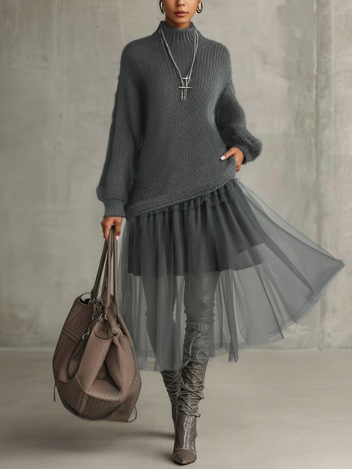 Gray Mohair And Tulle Panel Maxi Dress