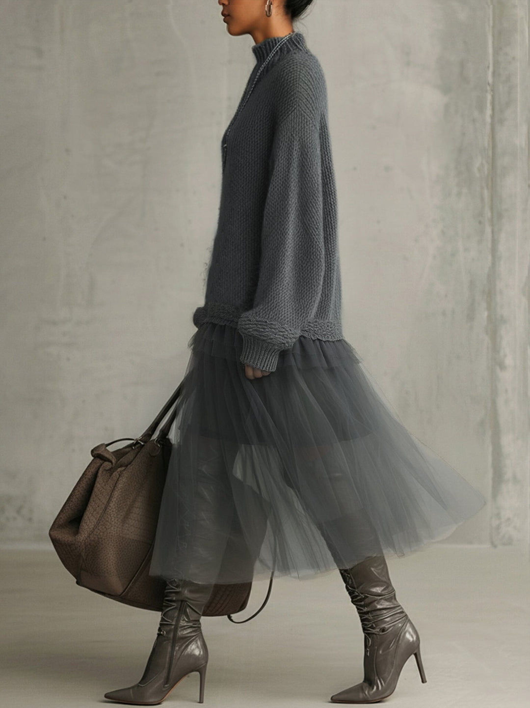 Gray Mohair And Tulle Panel Maxi Dress