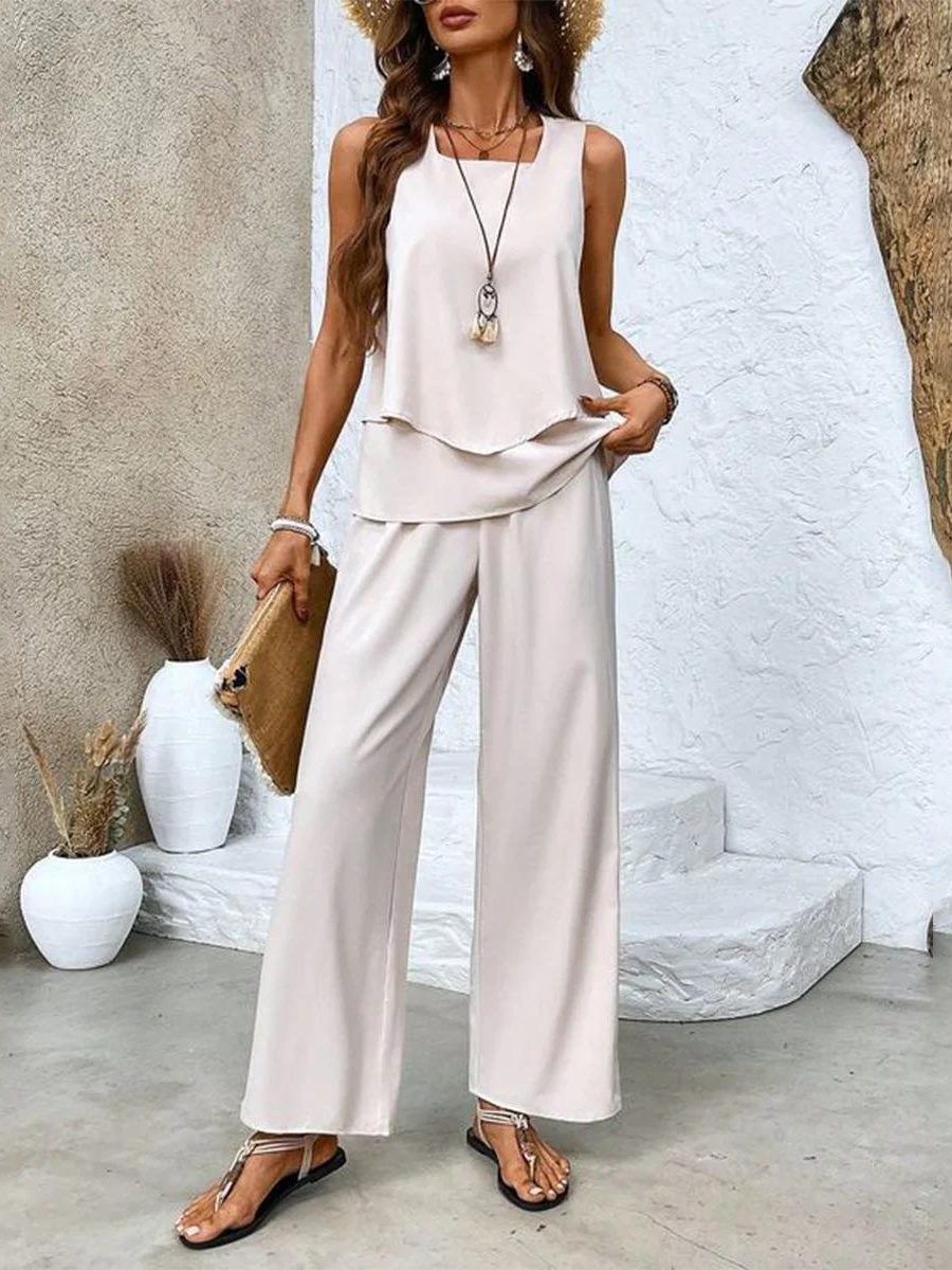 Élise Elegant Two-Piece Set – Flowing Blouse & Wide-Leg Trousers