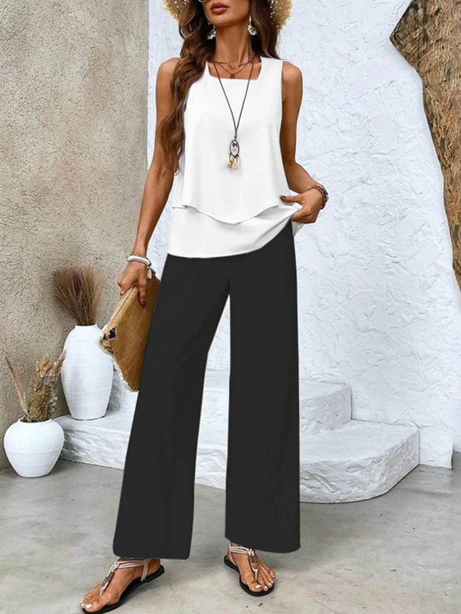 Élise Elegant Two-Piece Set – Flowing Blouse & Wide-Leg Trousers