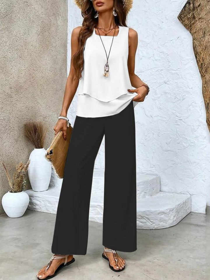 Élise Elegant Two-Piece Set – Flowing Blouse & Wide-Leg Trousers