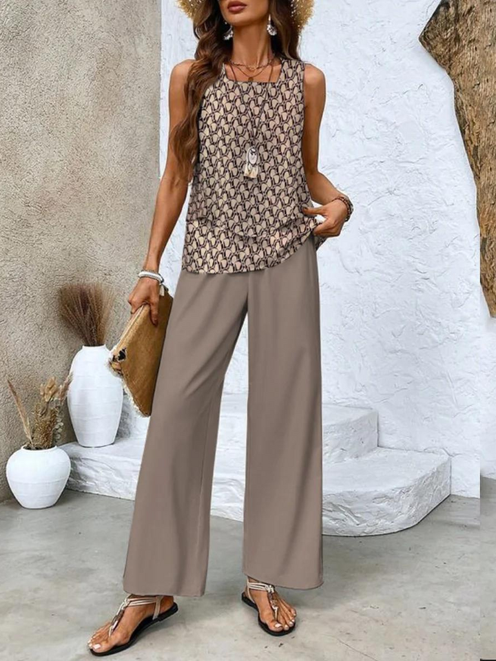 Élise Elegant Two-Piece Set – Flowing Blouse & Wide-Leg Trousers