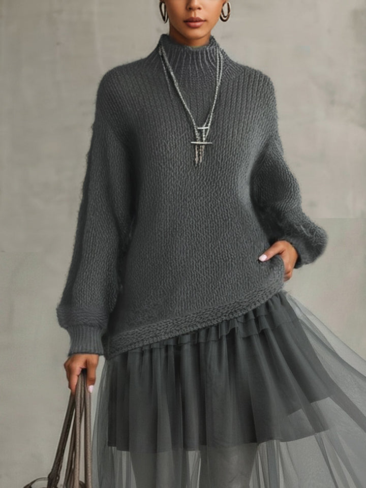 Gray Mohair And Tulle Panel Maxi Dress