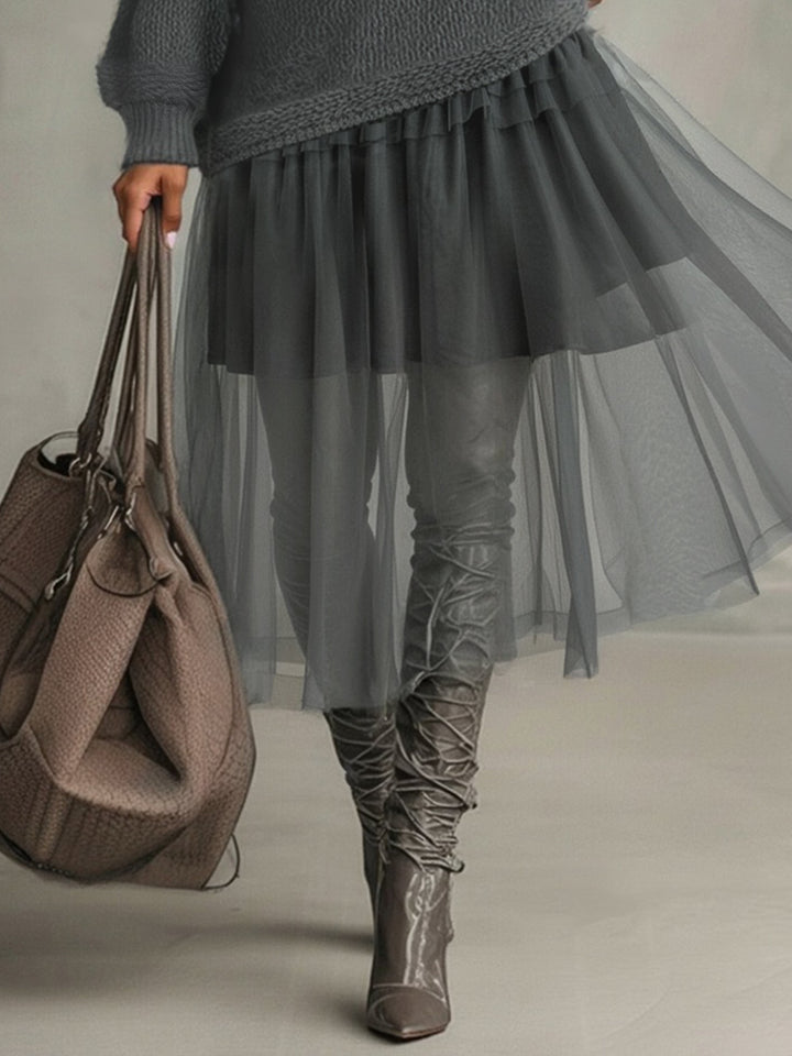 Gray Mohair And Tulle Panel Maxi Dress