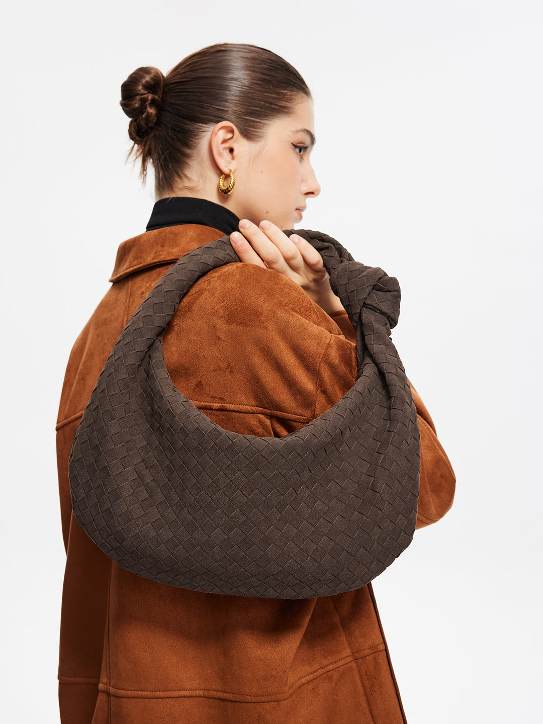 Rounded Woven Knotted Suede Bag
