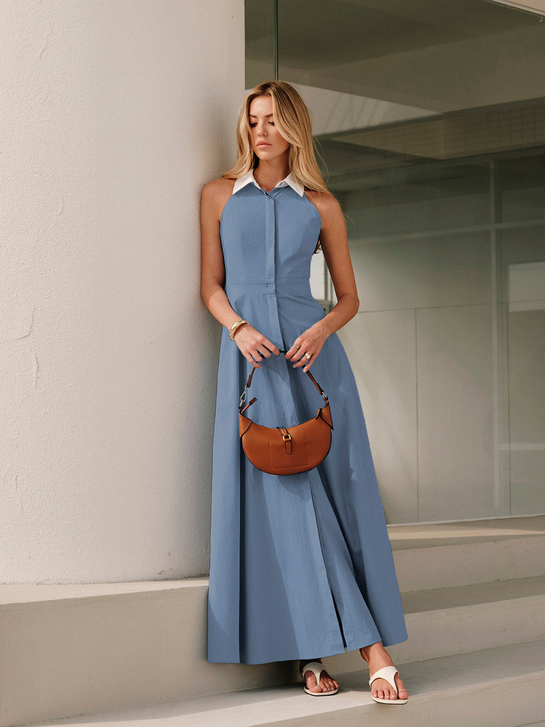 Button Sleeveless Collar Dress