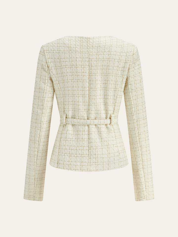 Metal Button Tweed Belted Blazer