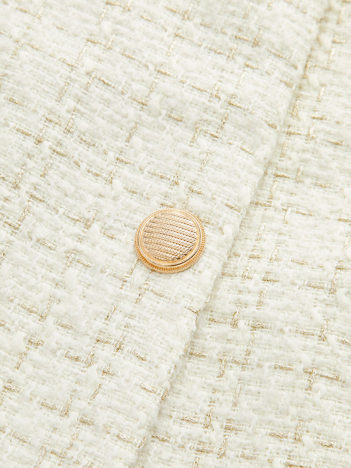 Metal Button Tweed Belted Blazer