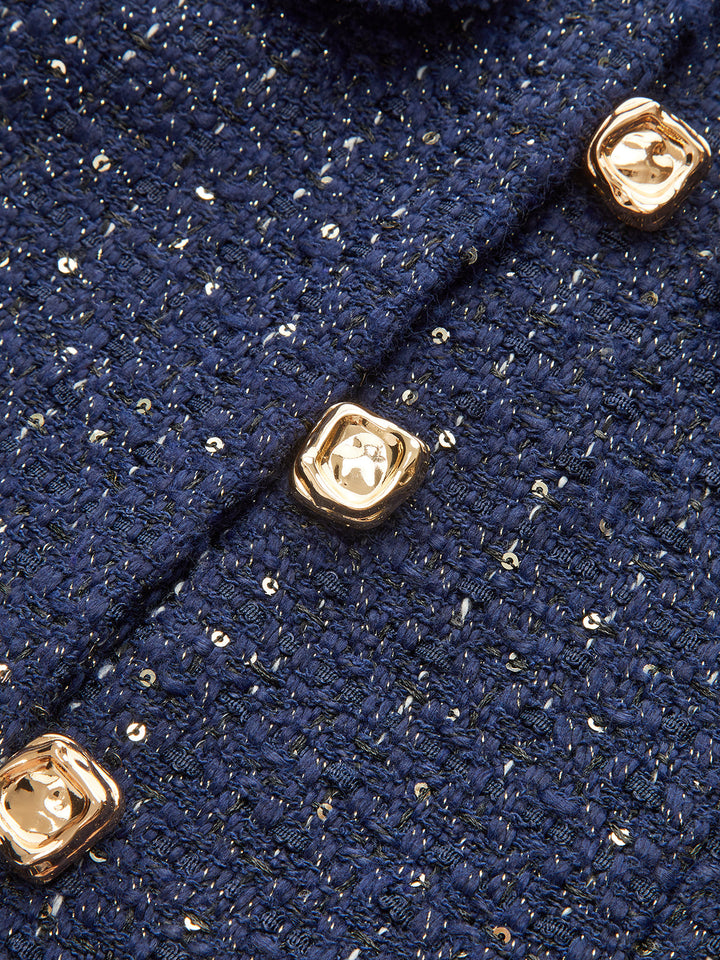 Metal Button Sequin Tweed Blazer