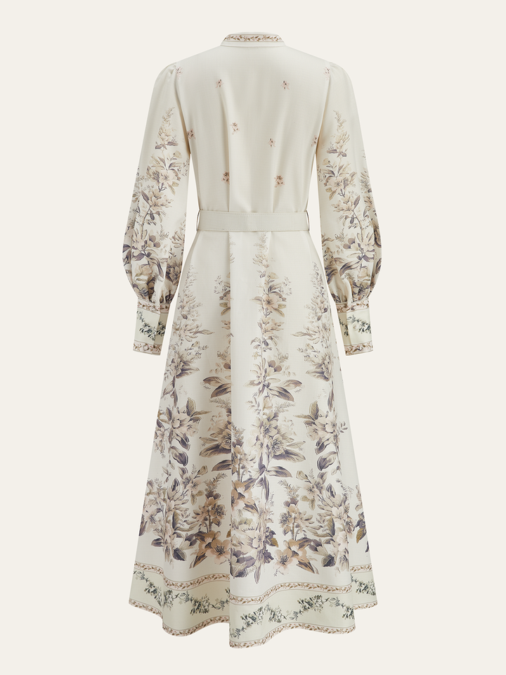 Floral Print Stand Collar Belted Midi Dress