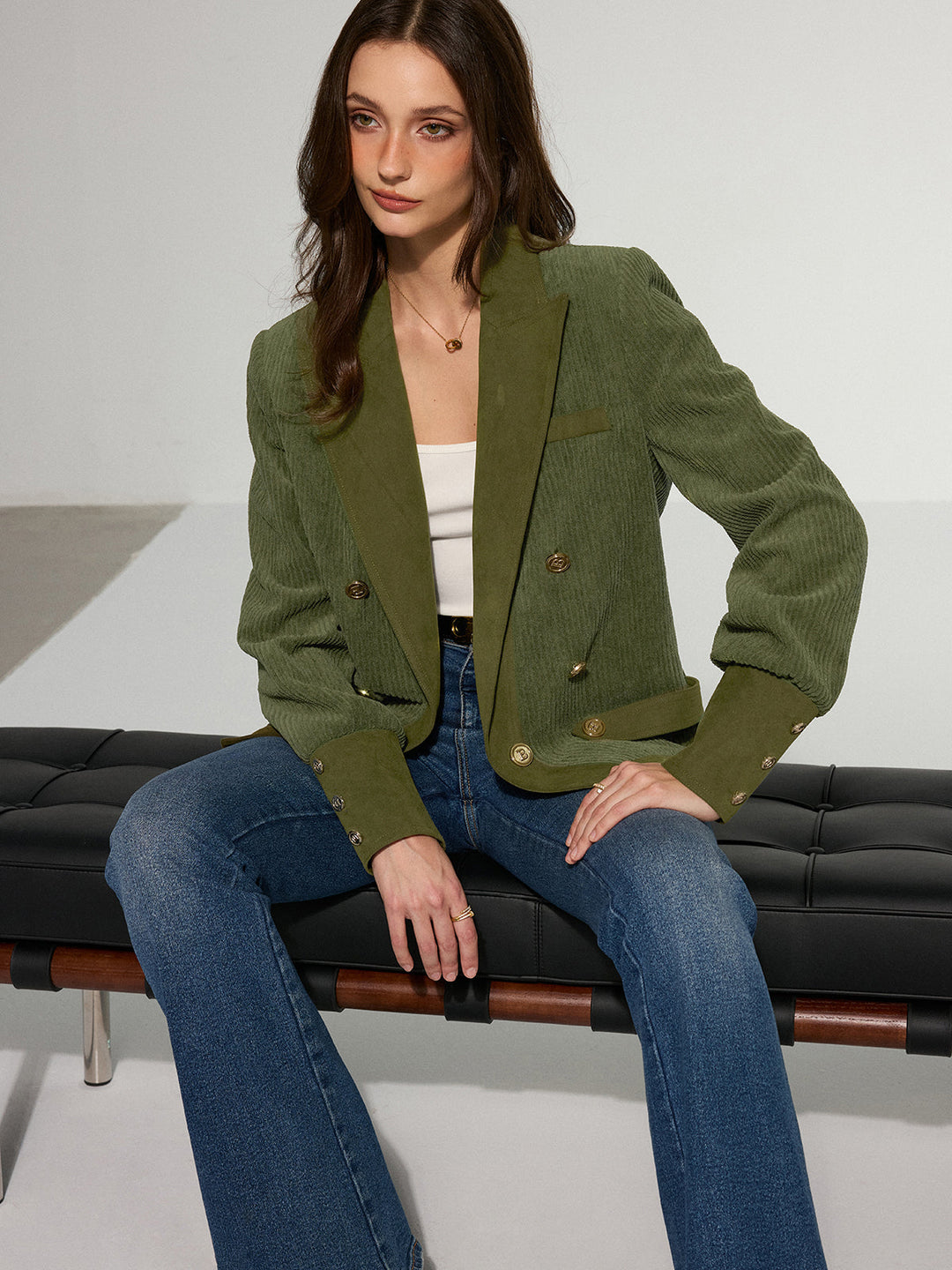 Corduroy Lapel Metal Button Blazer