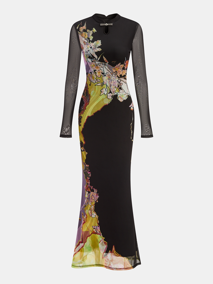 Mesh Long Sleeve Floral Print Maxi Dress