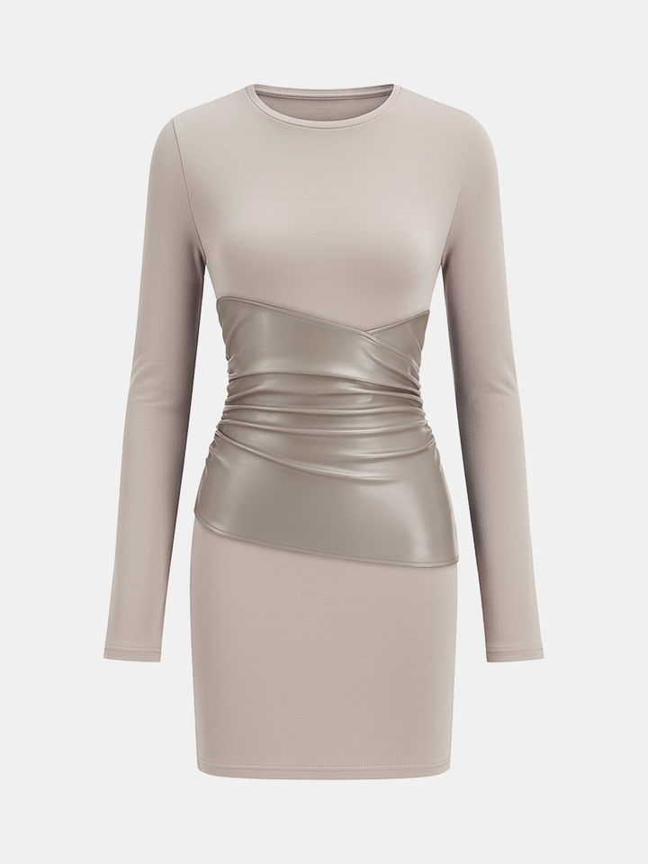 PU Leather Panel Long Sleeve Knit Dress