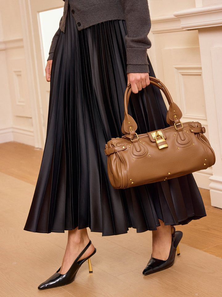 Lock Detail Studded PU Leather Top Handle Bag