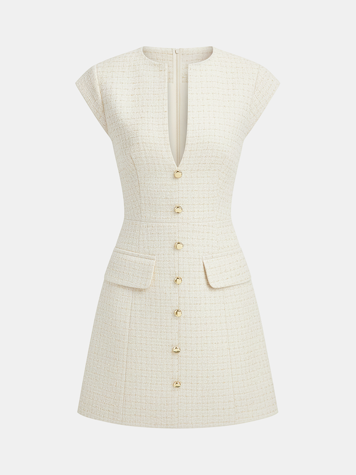 Metal Button Tweed Sleeveless Mini Dress