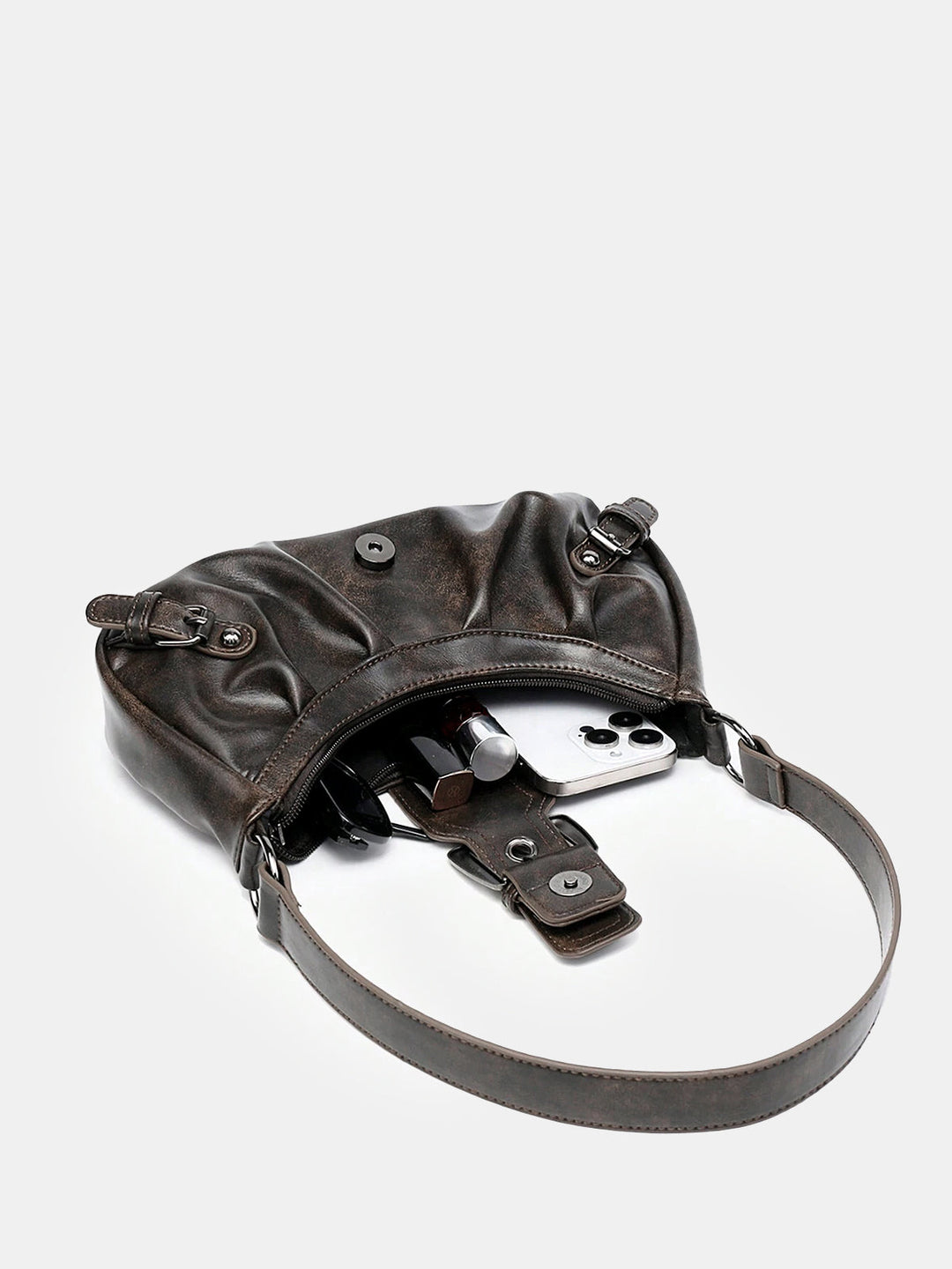 Vintage Faux Leather Buckle-Accent Hobo Bag