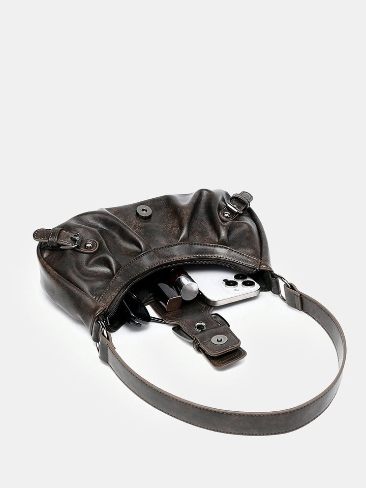Vintage Faux Leather Buckle-Accent Hobo Bag