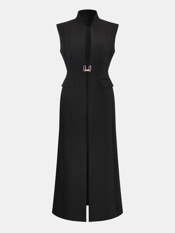 Sleeveless Metal Buckle Long Blazer Vest