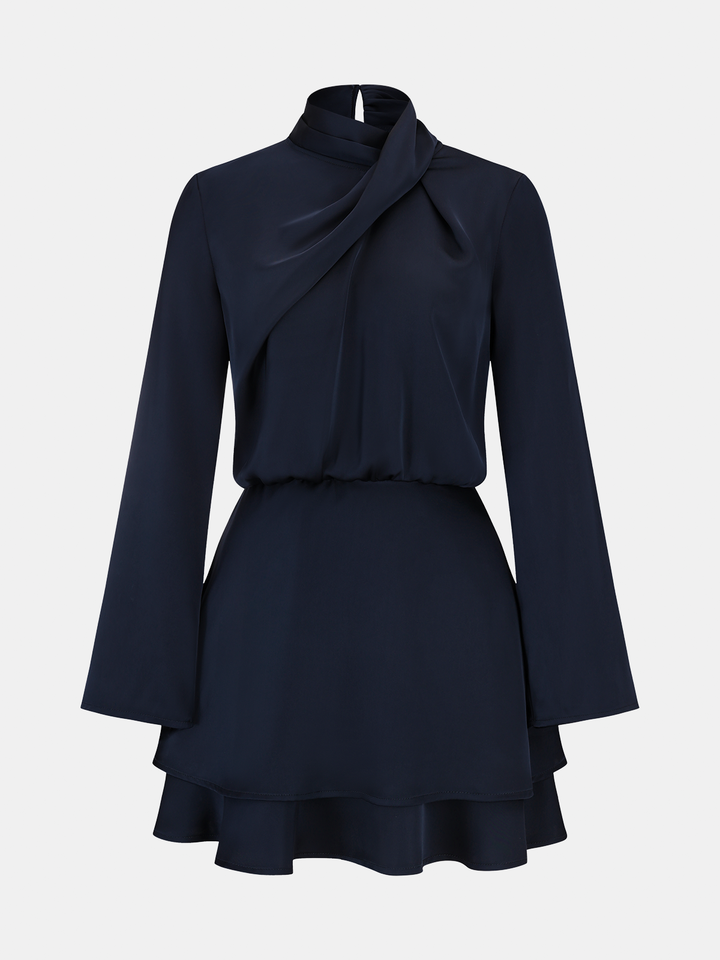Long Sleeve Cross Neck Satin Tiered Mini Dress