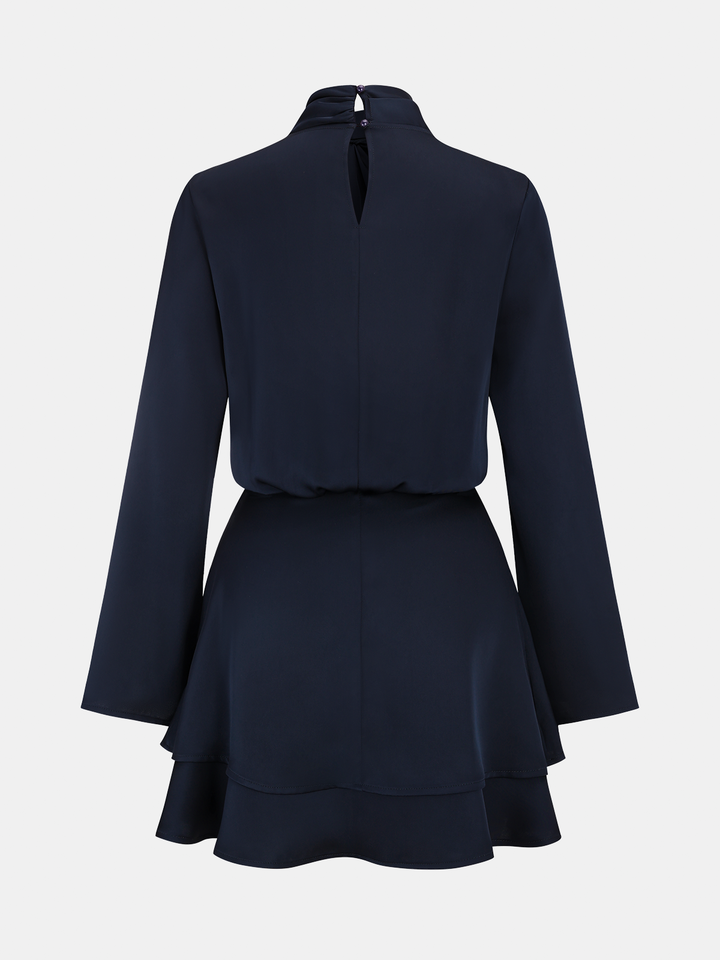 Long Sleeve Cross Neck Satin Tiered Mini Dress