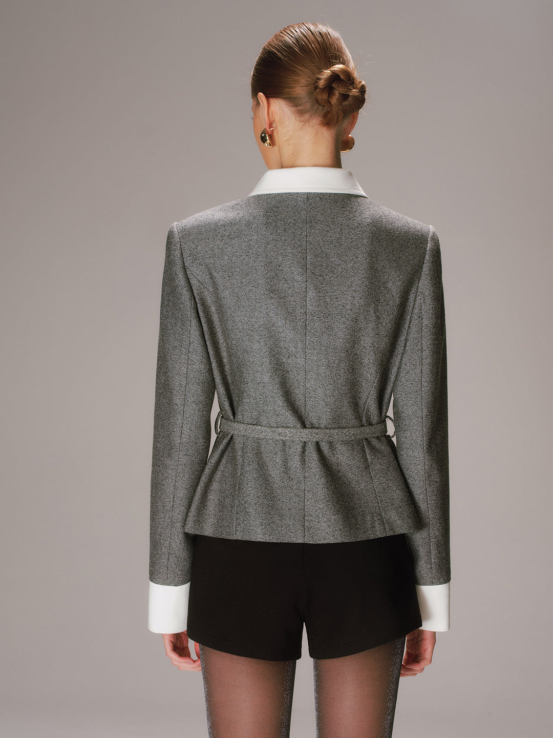 Belted Contrast Collar Tweed Blazer