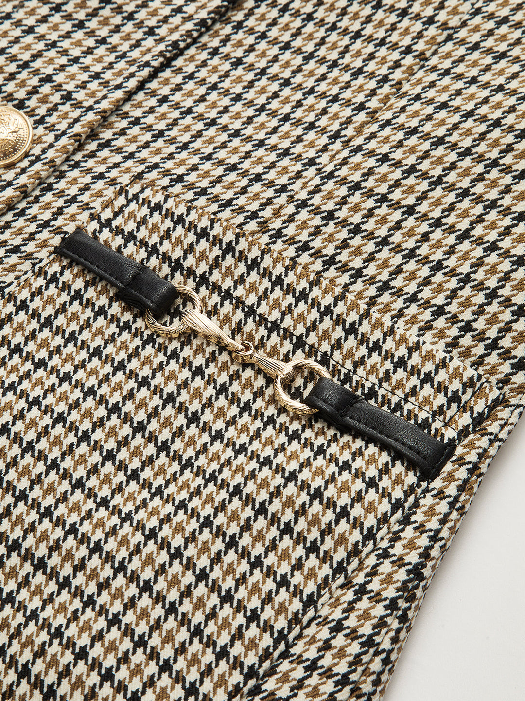 Faux Leather Collar Houndstooth Blazer