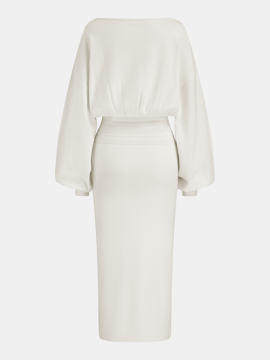 Waist-Defined Balloon-Sleeve Knit Midi Dress