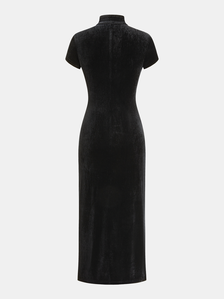 Mandarin Collar Velvet Frog-Closure Slit Dress