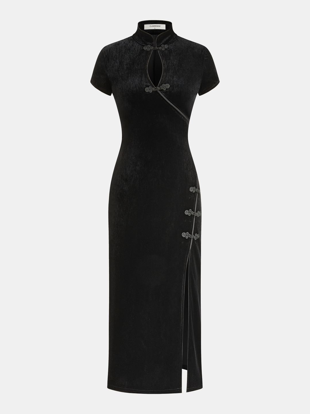 Mandarin Collar Velvet Frog-Closure Slit Dress