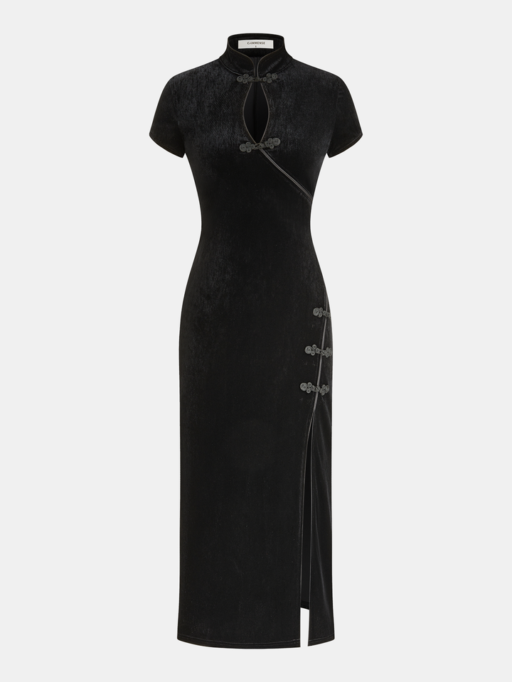 Mandarin Collar Velvet Frog-Closure Slit Dress