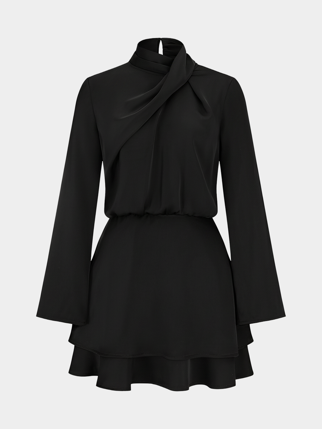 Long Sleeve Cross Neck Satin Tiered Mini Dress