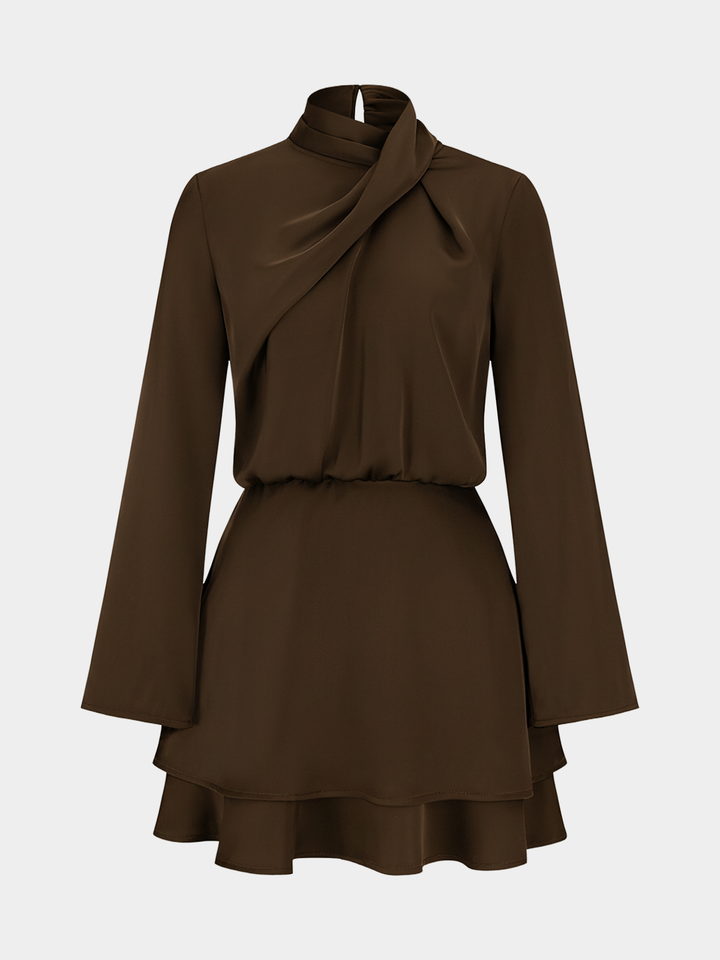 Long Sleeve Cross Neck Satin Tiered Mini Dress