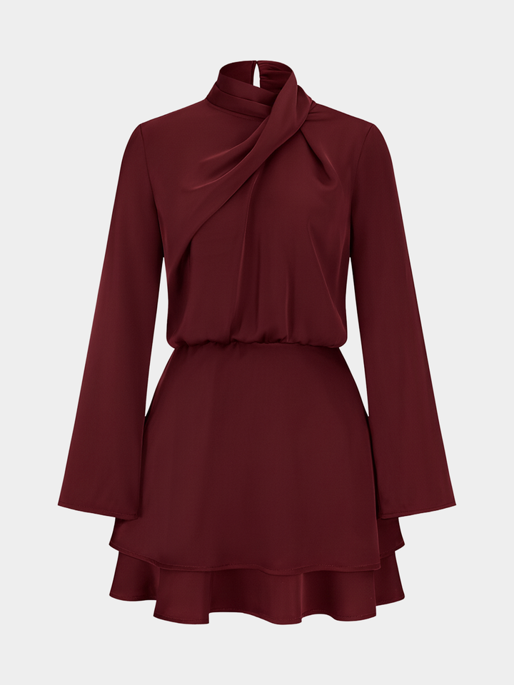 Long Sleeve Cross Neck Satin Tiered Mini Dress