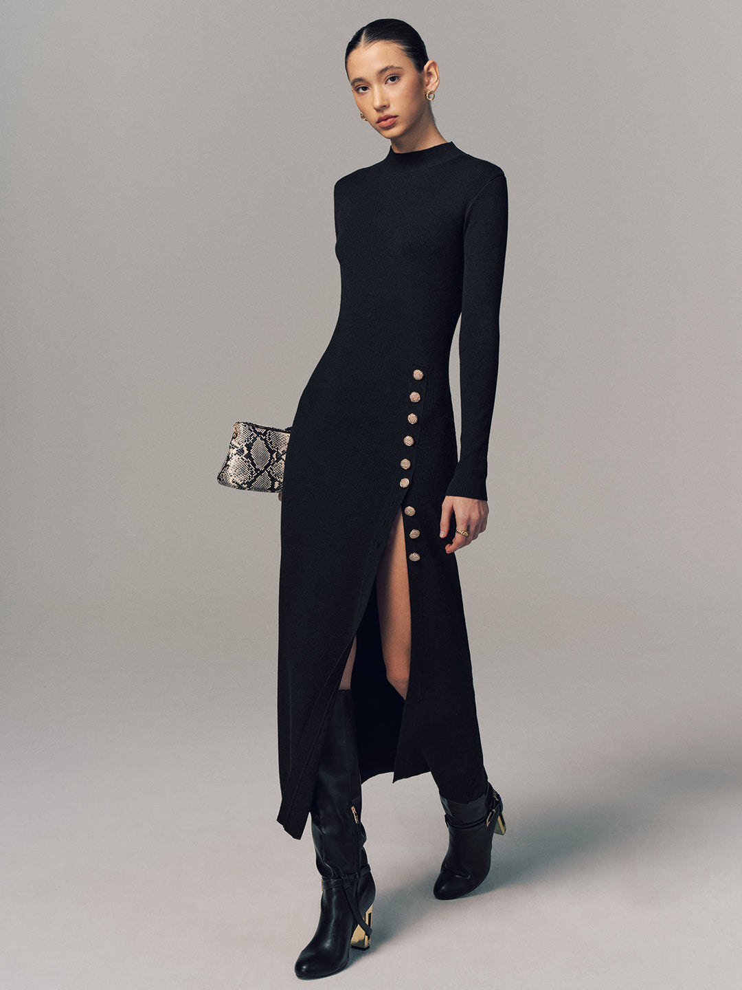 Side Button Slit Rib-Knit Maxi Dress