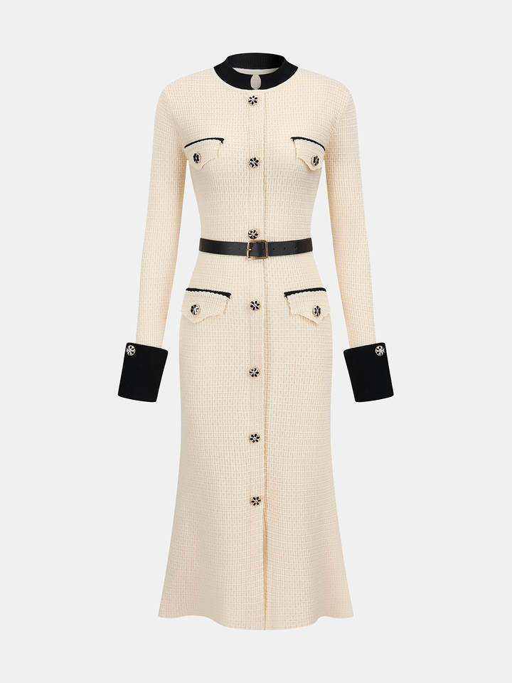 Contrast-Trim Button-Front Midi Dress with Belt