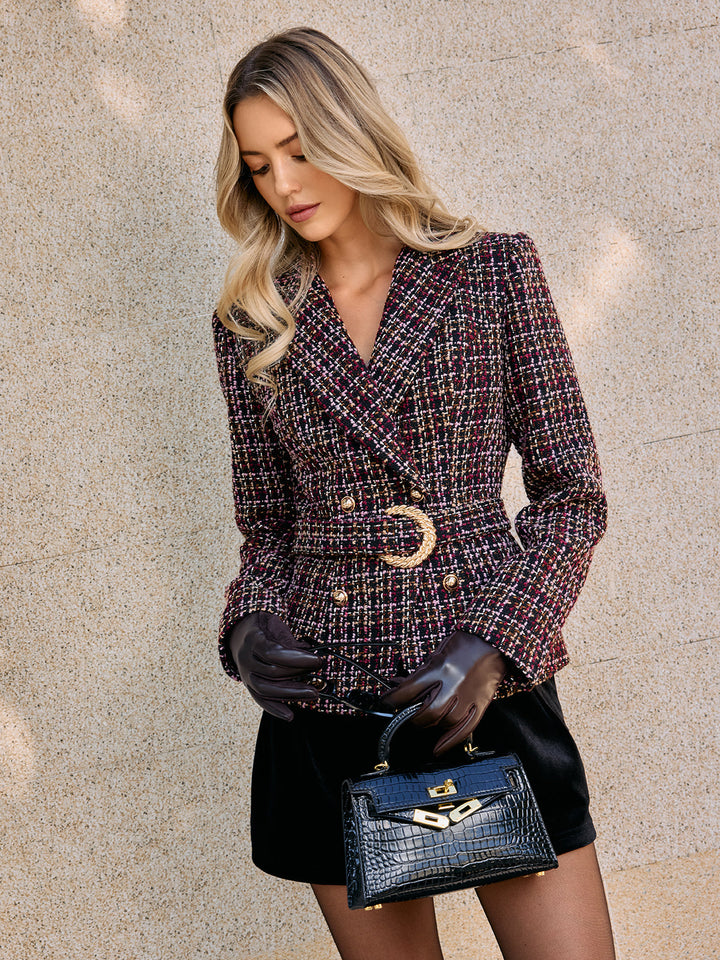 Tweed Double-Breasted Belted Blazer