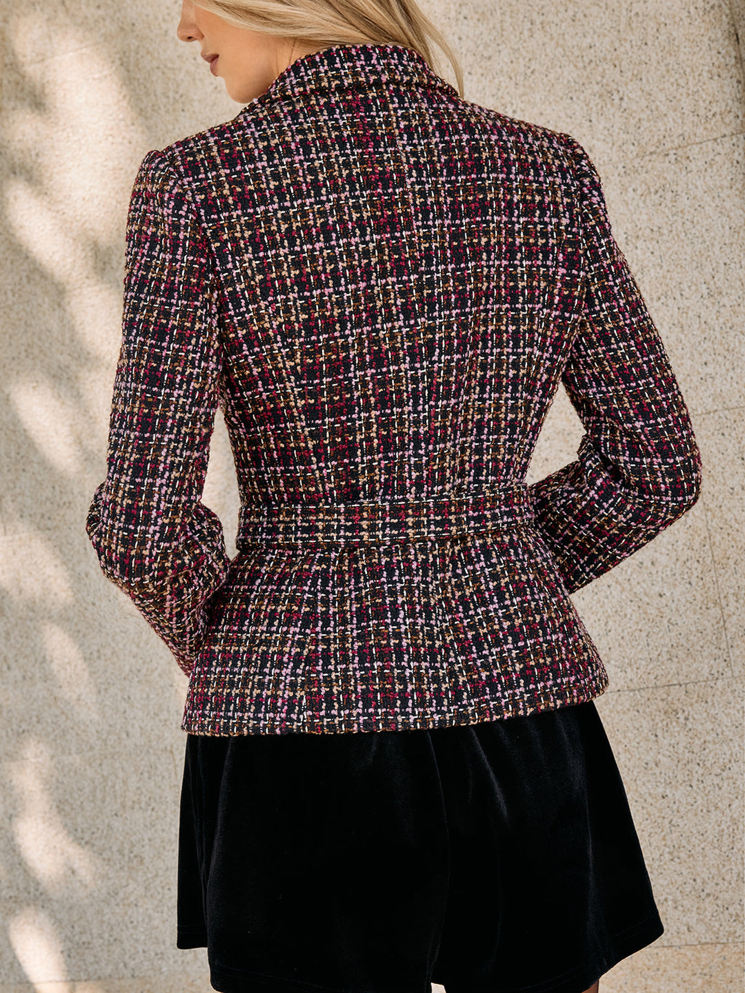 Tweed Double-Breasted Belted Blazer