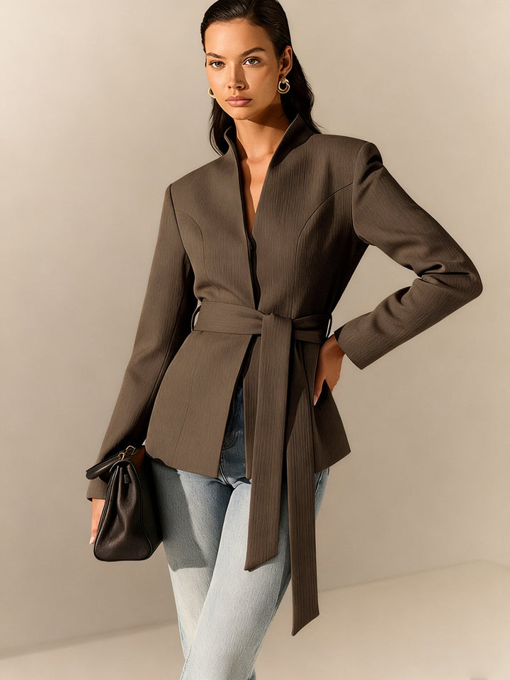 Stand Collar Belted Long Sleeve Blazer