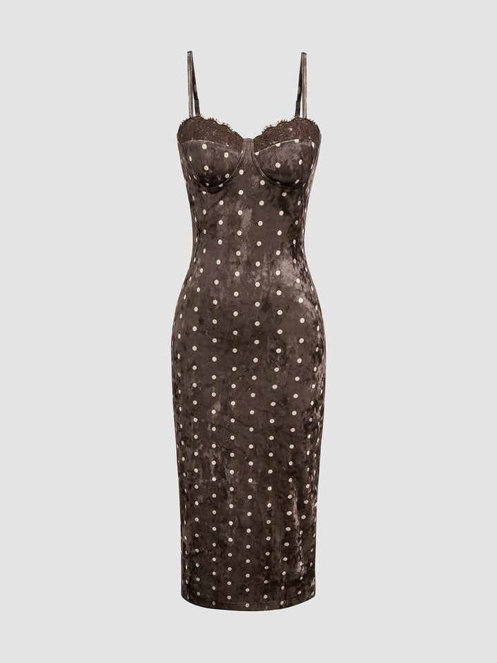 Velvet Polka Dot Lace-Trim Cami Midi Dress