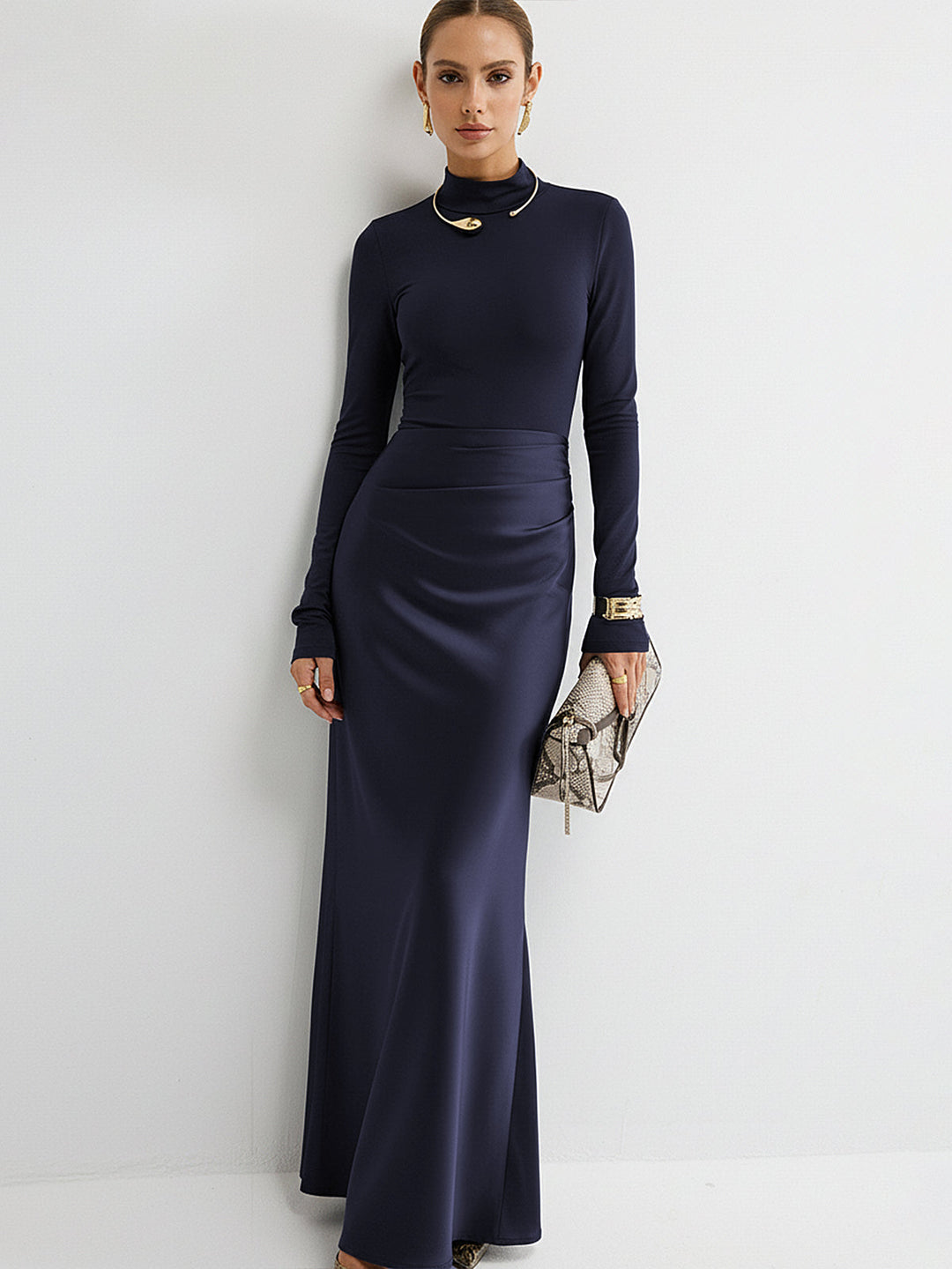 Satin Panel Mock Neck Long Sleeve Maxi Dress
