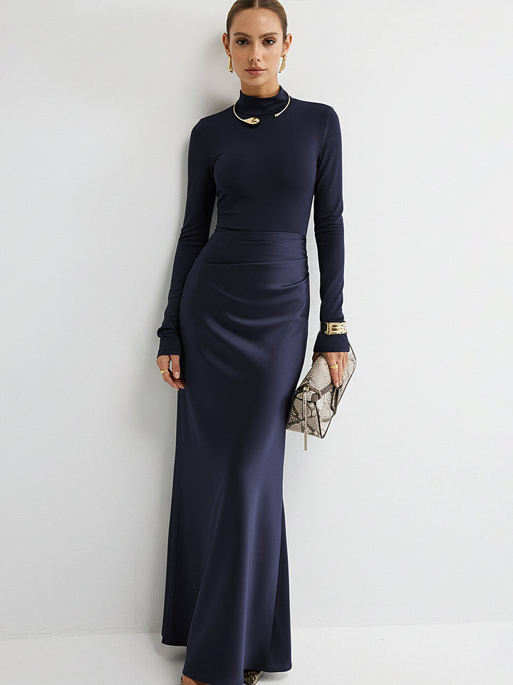 Satin Panel Mock Neck Long Sleeve Maxi Dress