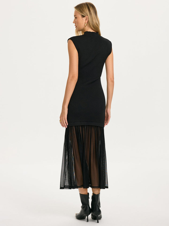 Sheer Pleated Hem Sleeveless Knit Dress