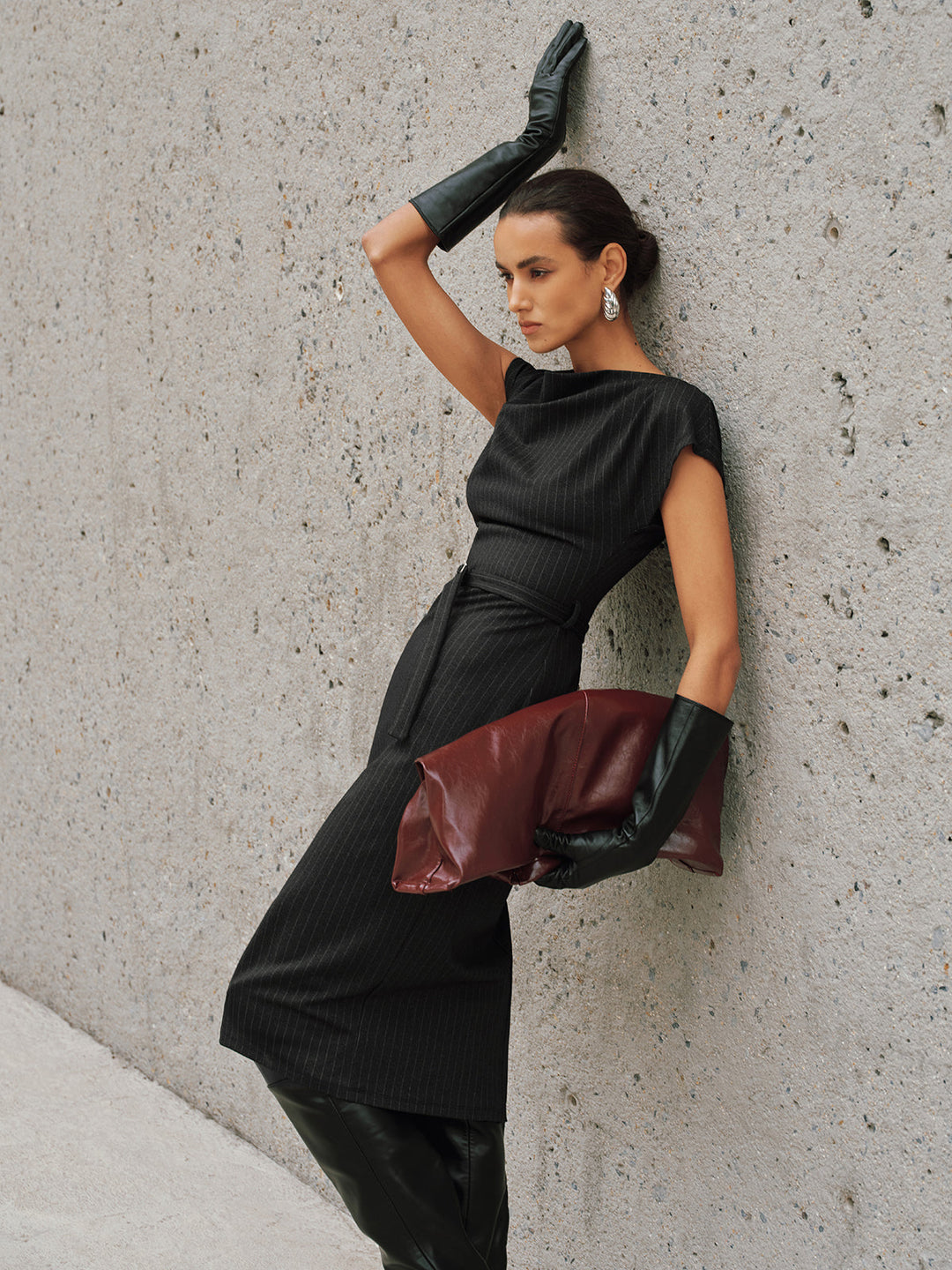 Pinstripe Cap-Sleeve Belted Maxi Dress