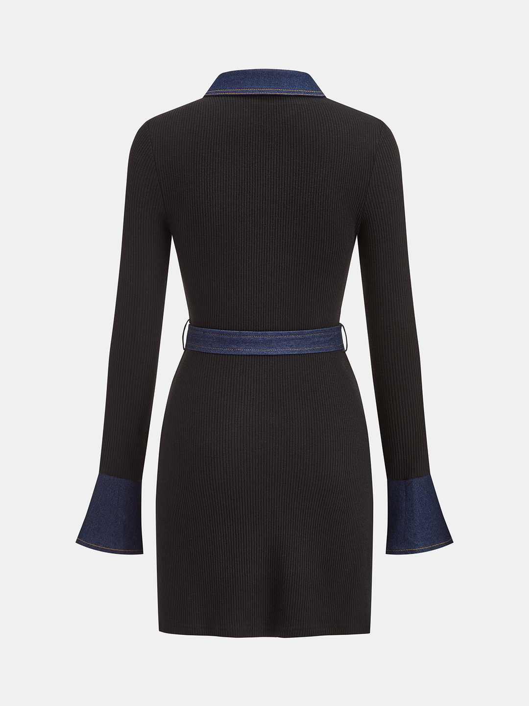 Belted Denim Panel Ribbed Knit Mini Dress