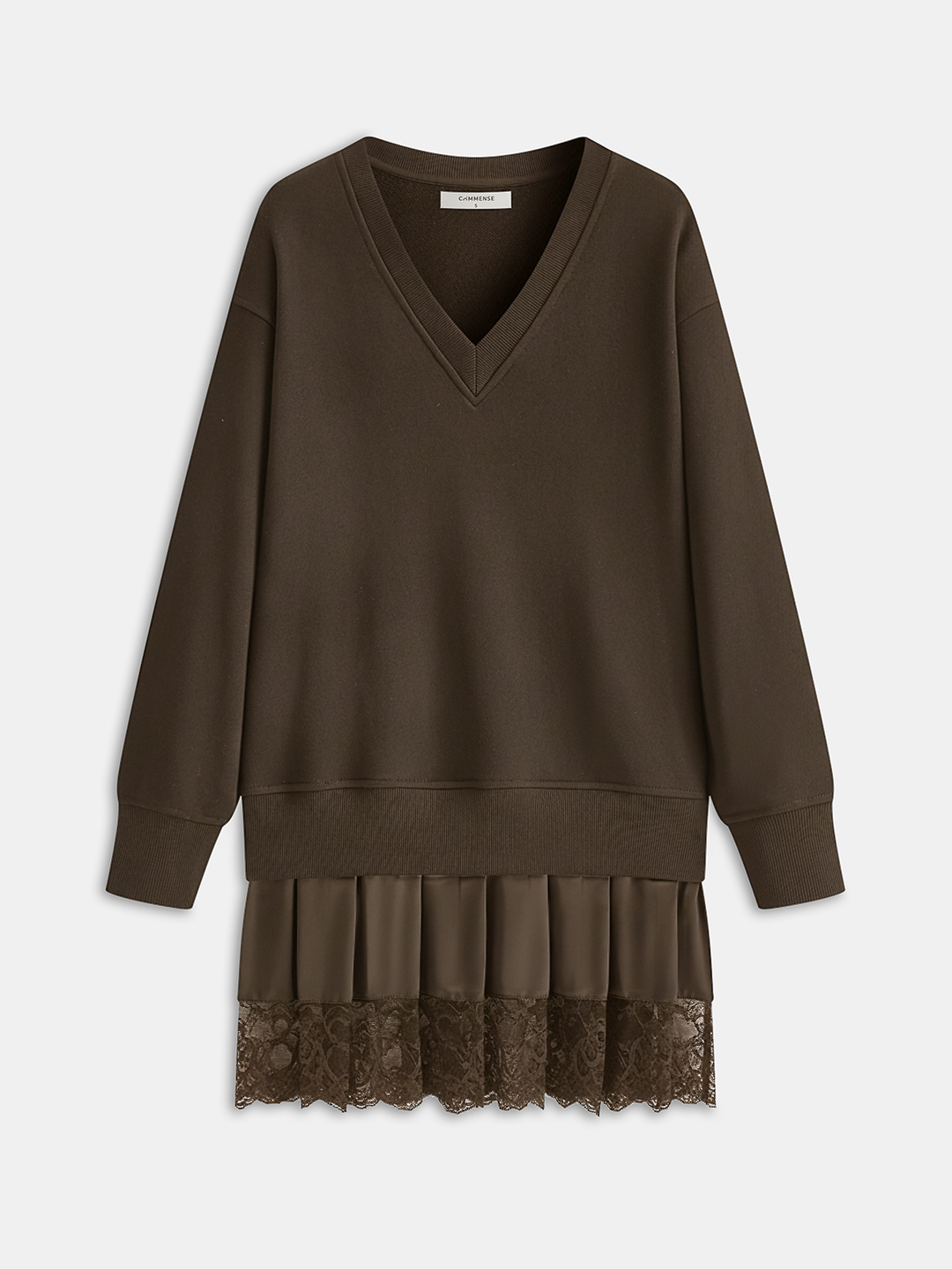 Pleated Hem Lace-Trimmed Sweatshirt Dress