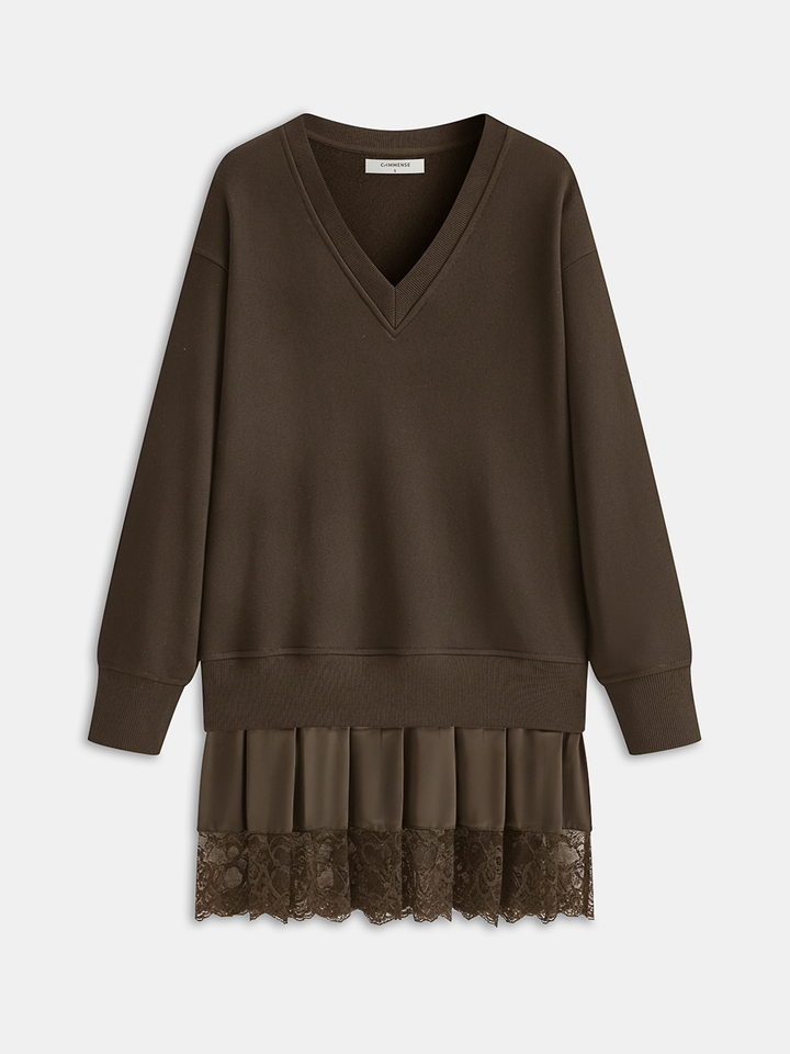 Pleated Hem Lace-Trimmed Sweatshirt Dress