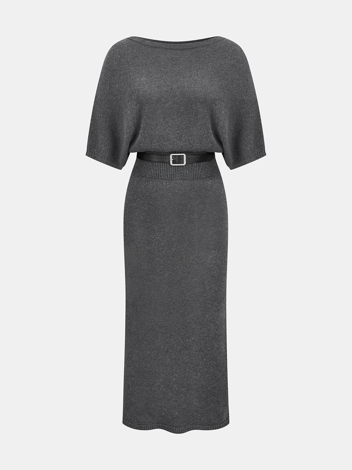 Batwing Sleeve Belted Knit Midi Dress