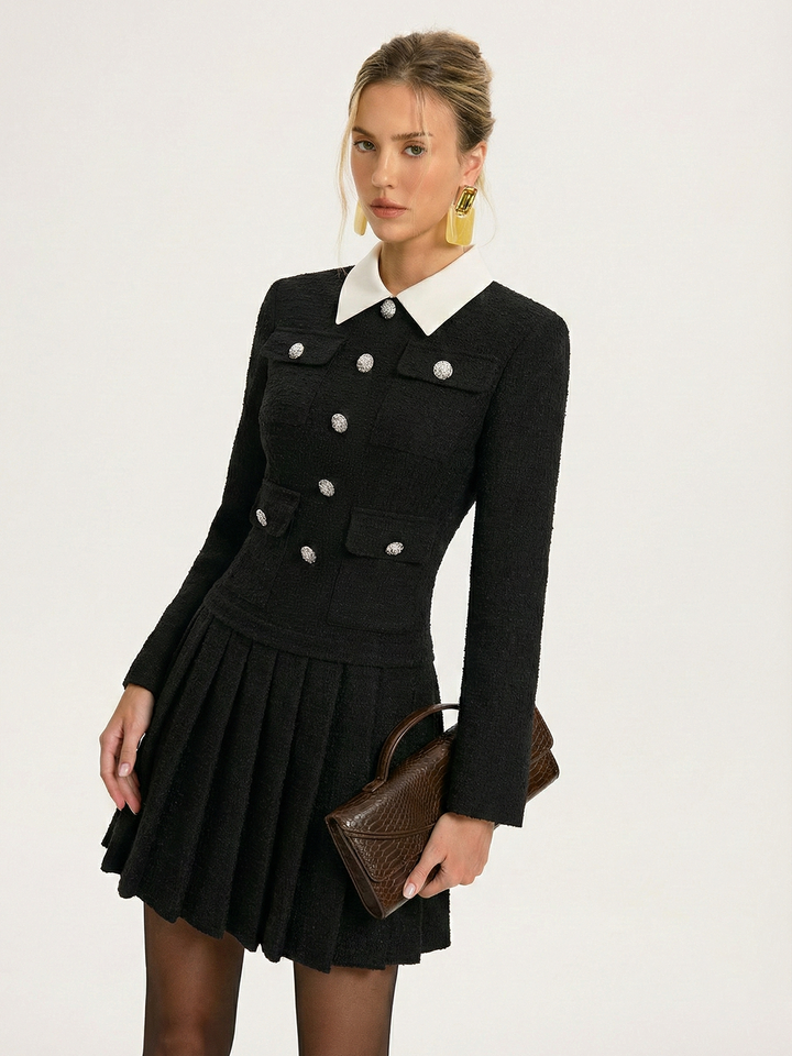 Contrast Collar Pleated Mini Dress