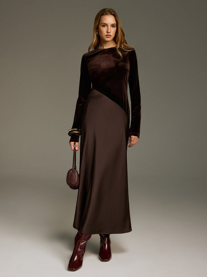 Velvet & Satin Paneled Long Sleeve Maxi Dress
