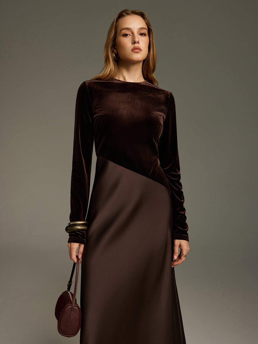 Velvet & Satin Paneled Long Sleeve Maxi Dress